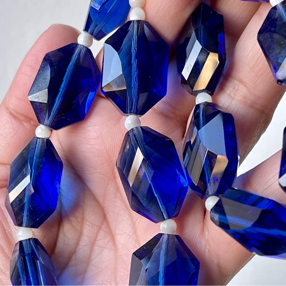 Chunky Faceted Oval Blue Glass Mother Of Pearl Bead Spacer 925 Clasp Necklace - Picture 4 of 14